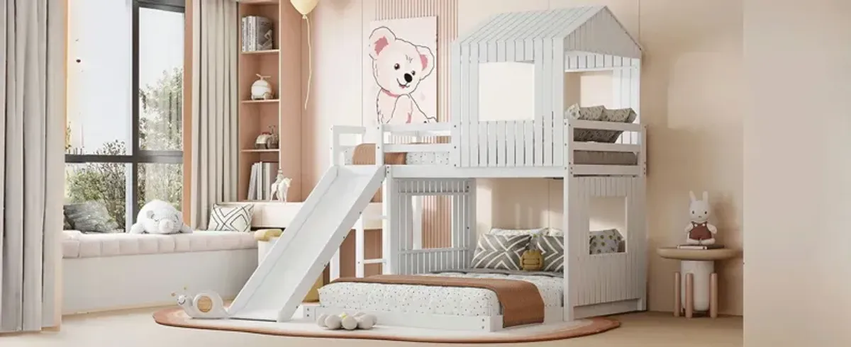 Wooden Twin Over Full Bunk Bed, Loft Bed With Playhouse, Farmhouse, Ladder, Slide And Guardrails - White