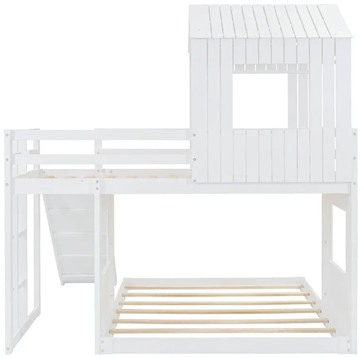 Wooden Twin Over Full Bunk Bed, Loft Bed With Playhouse, Farmhouse, Ladder, Slide And Guardrails - White