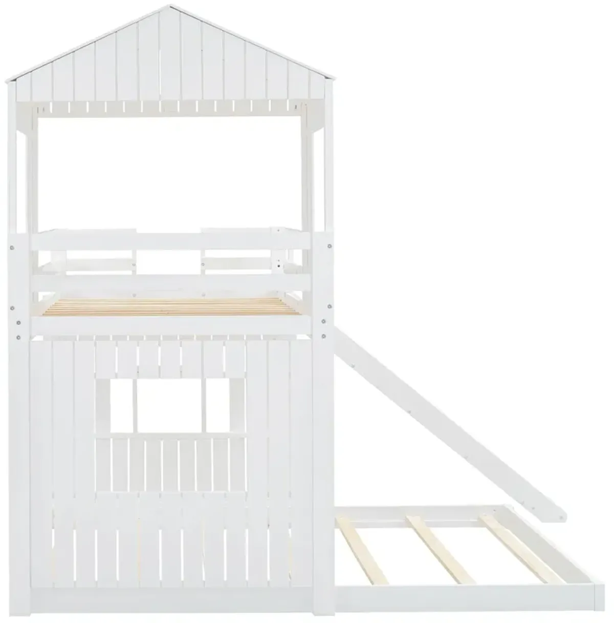 Wooden Twin Over Full Bunk Bed, Loft Bed With Playhouse, Farmhouse, Ladder, Slide And Guardrails - White