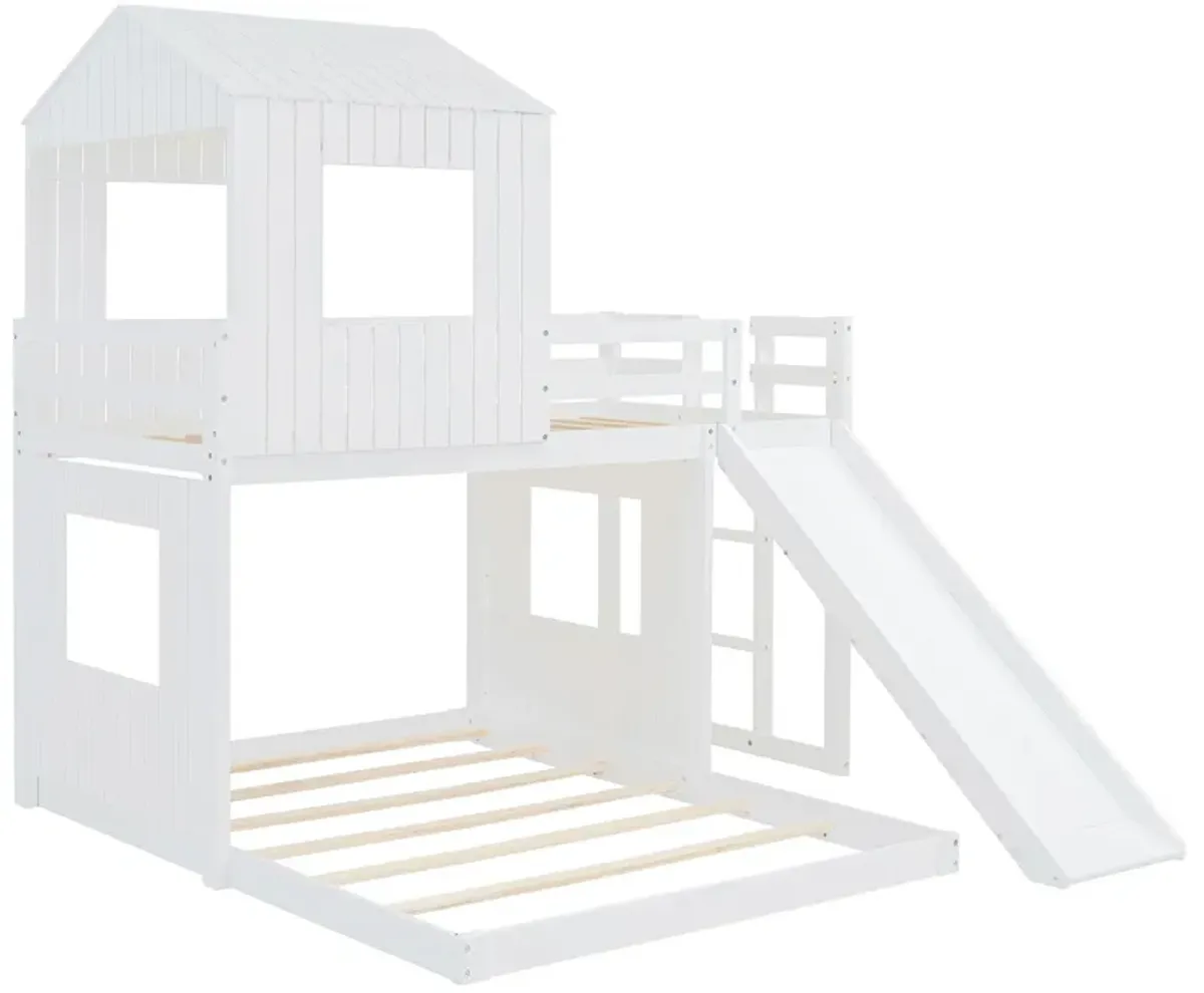 Wooden Twin Over Full Bunk Bed, Loft Bed With Playhouse, Farmhouse, Ladder, Slide And Guardrails - White