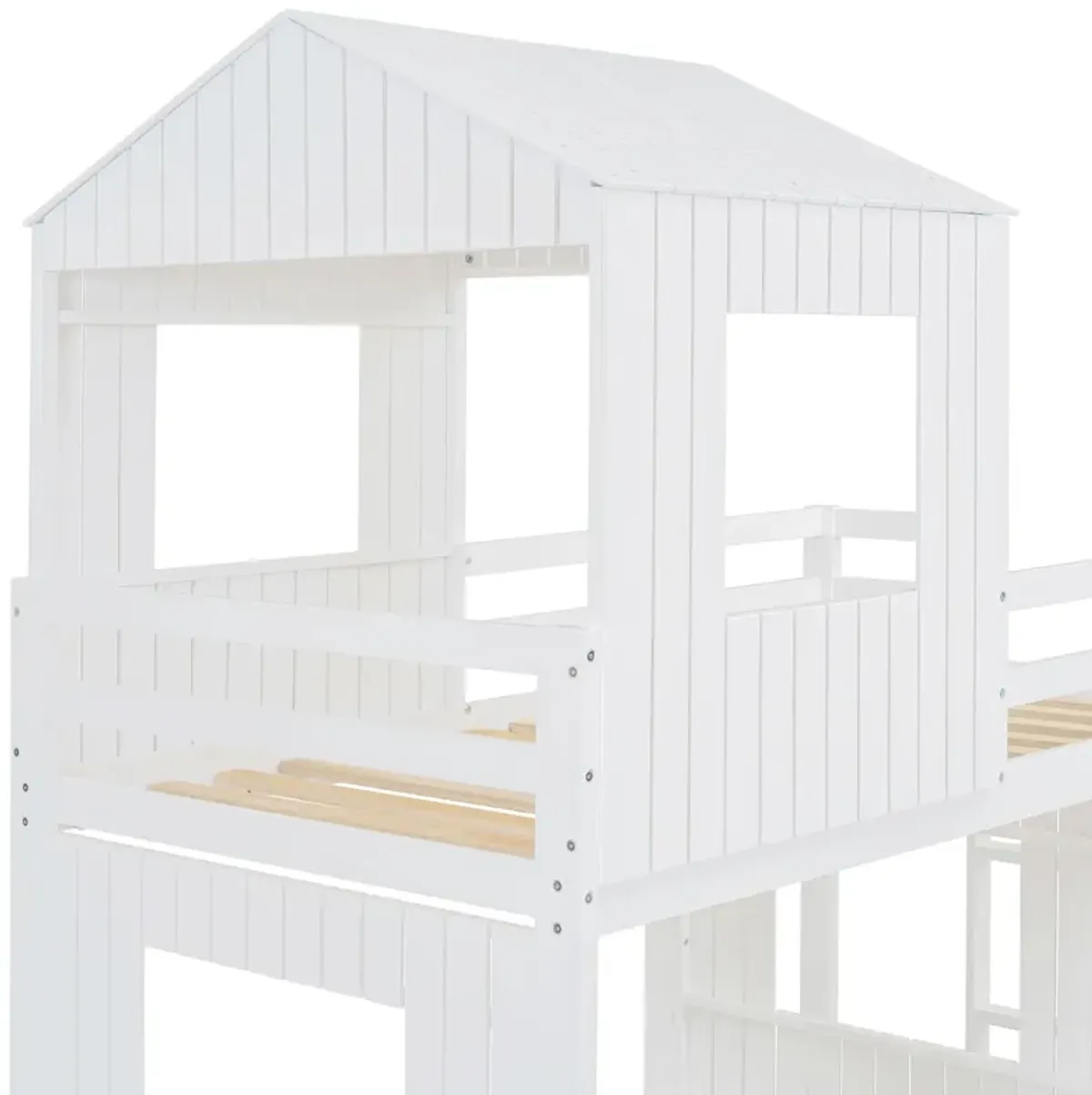 Wooden Twin Over Full Bunk Bed, Loft Bed With Playhouse, Farmhouse, Ladder, Slide And Guardrails - White