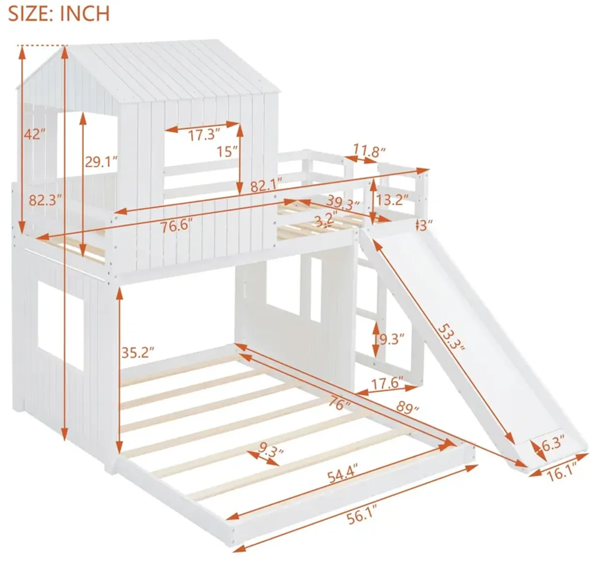 Wooden Twin Over Full Bunk Bed, Loft Bed With Playhouse, Farmhouse, Ladder, Slide And Guardrails - White