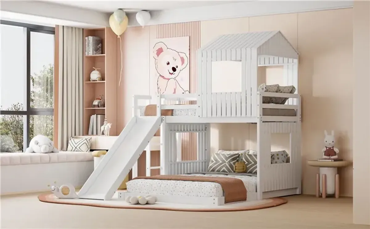 Wooden Twin Over Full Bunk Bed, Loft Bed With Playhouse, Farmhouse, Ladder, Slide And Guardrails - White