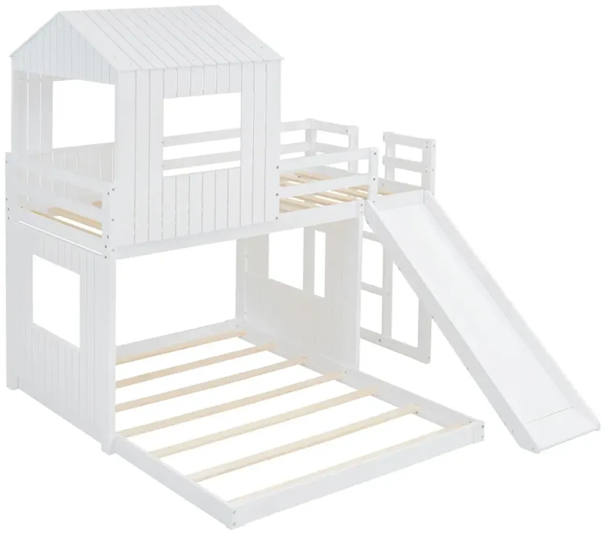 Wooden Twin Over Full Bunk Bed, Loft Bed With Playhouse, Farmhouse, Ladder, Slide And Guardrails - White