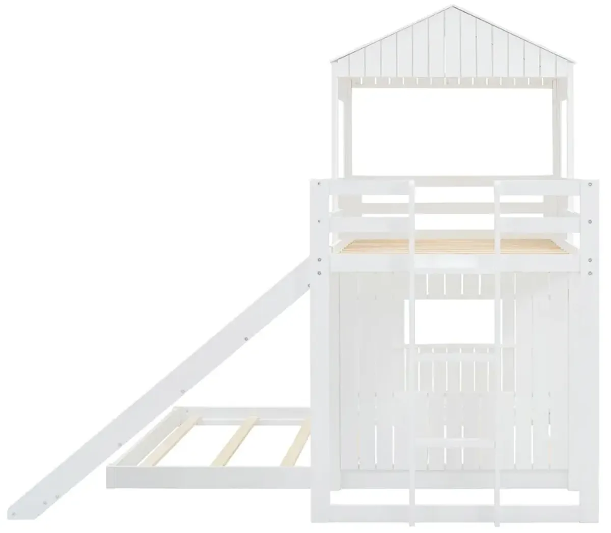 Wooden Twin Over Full Bunk Bed, Loft Bed With Playhouse, Farmhouse, Ladder, Slide And Guardrails - White