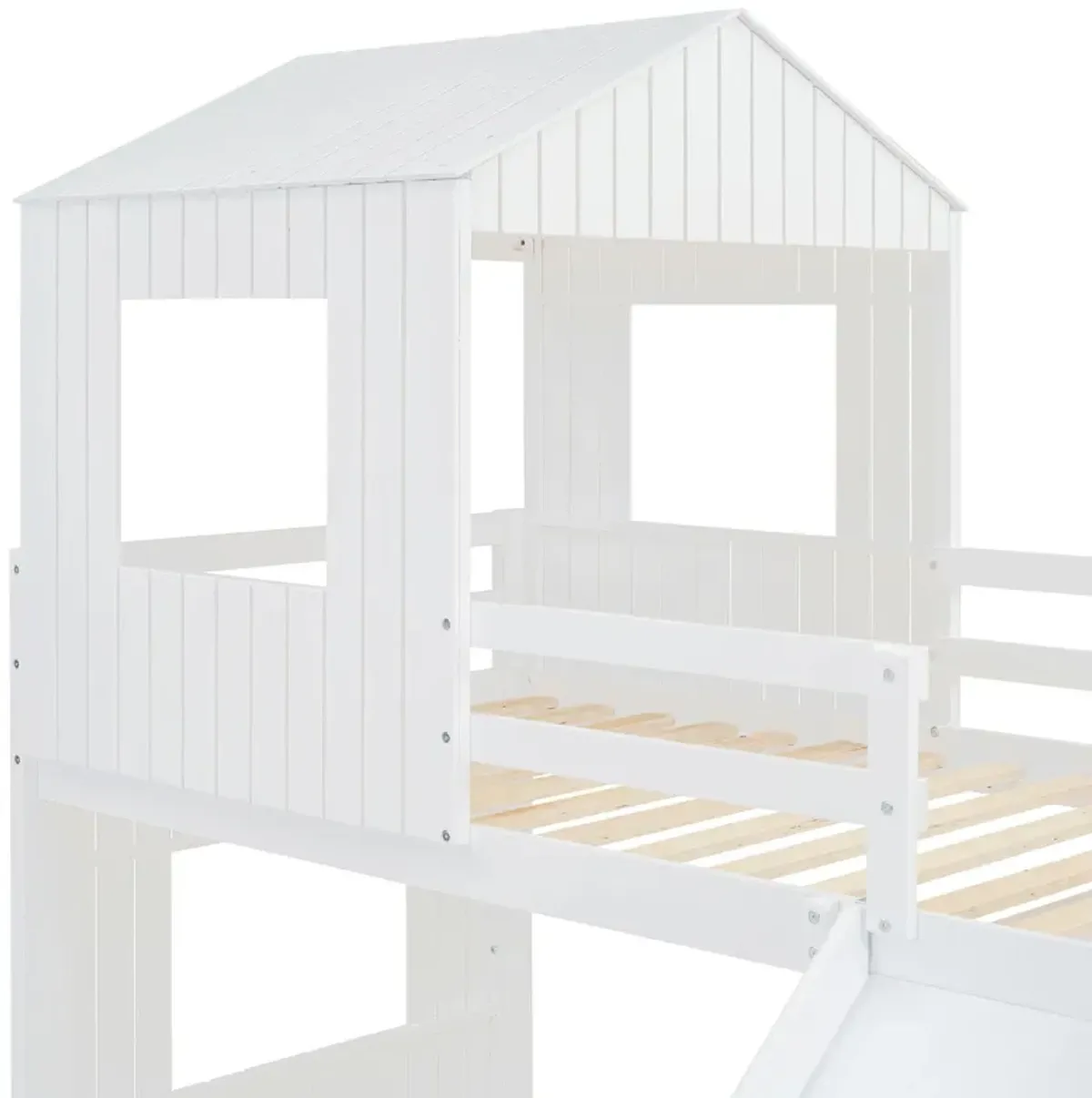 Wooden Twin Over Full Bunk Bed, Loft Bed With Playhouse, Farmhouse, Ladder, Slide And Guardrails - White