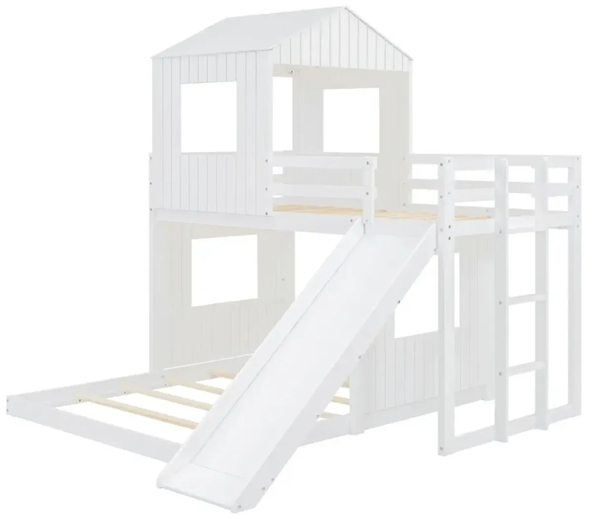 Wooden Twin Over Full Bunk Bed, Loft Bed With Playhouse, Farmhouse, Ladder, Slide And Guardrails - White