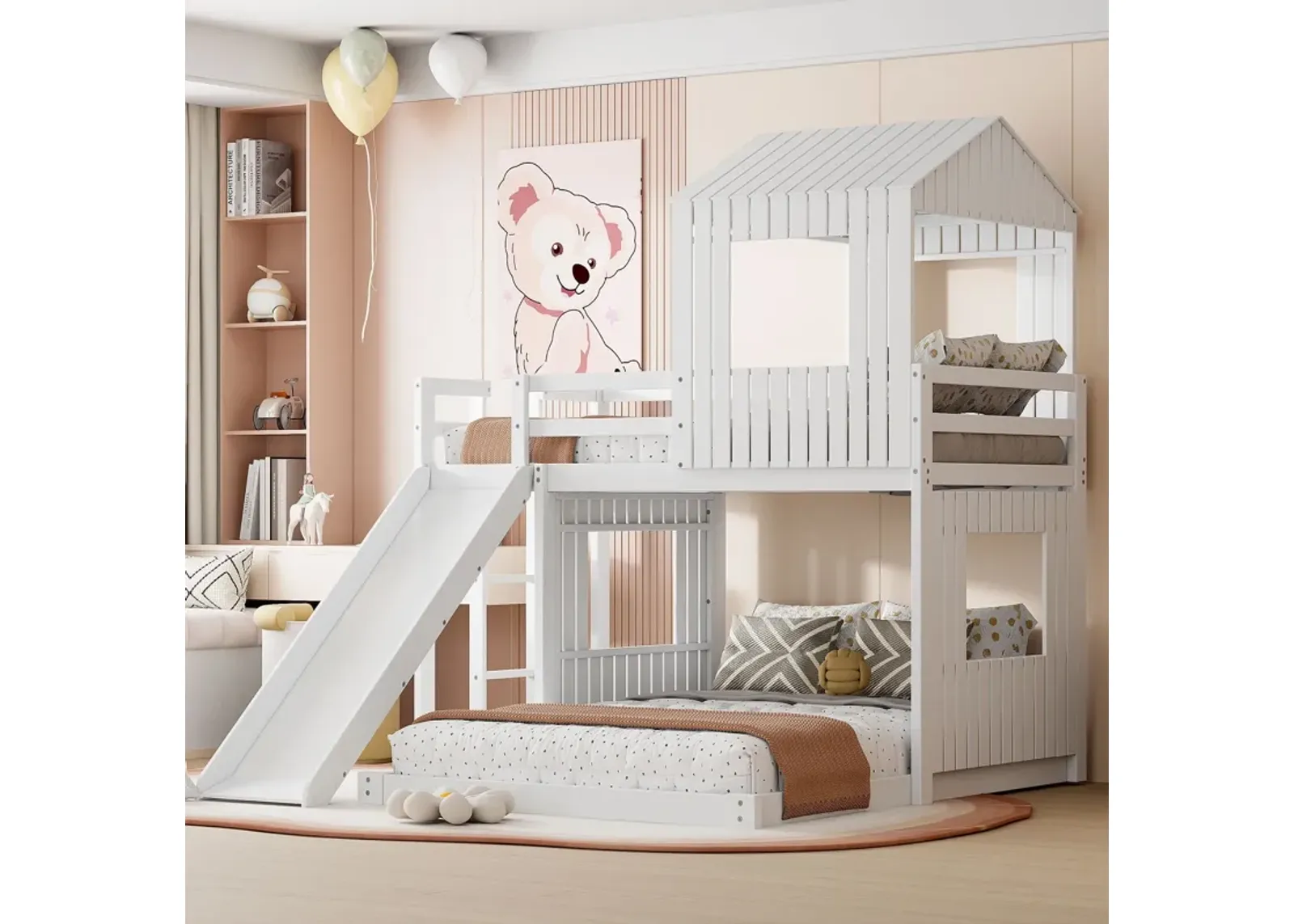 Wooden Twin Over Full Bunk Bed, Loft Bed With Playhouse, Farmhouse, Ladder, Slide And Guardrails - White