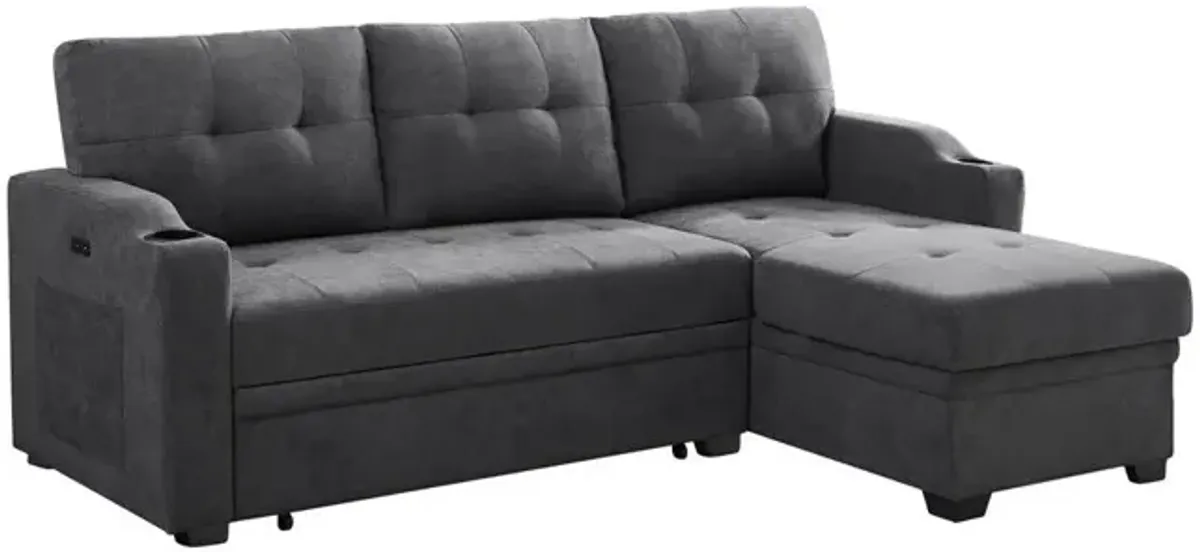 Mabel - Woven Fabric Sleeper Sectional With Cupholder, USB Charging Port nd Pocket - Dark Gray