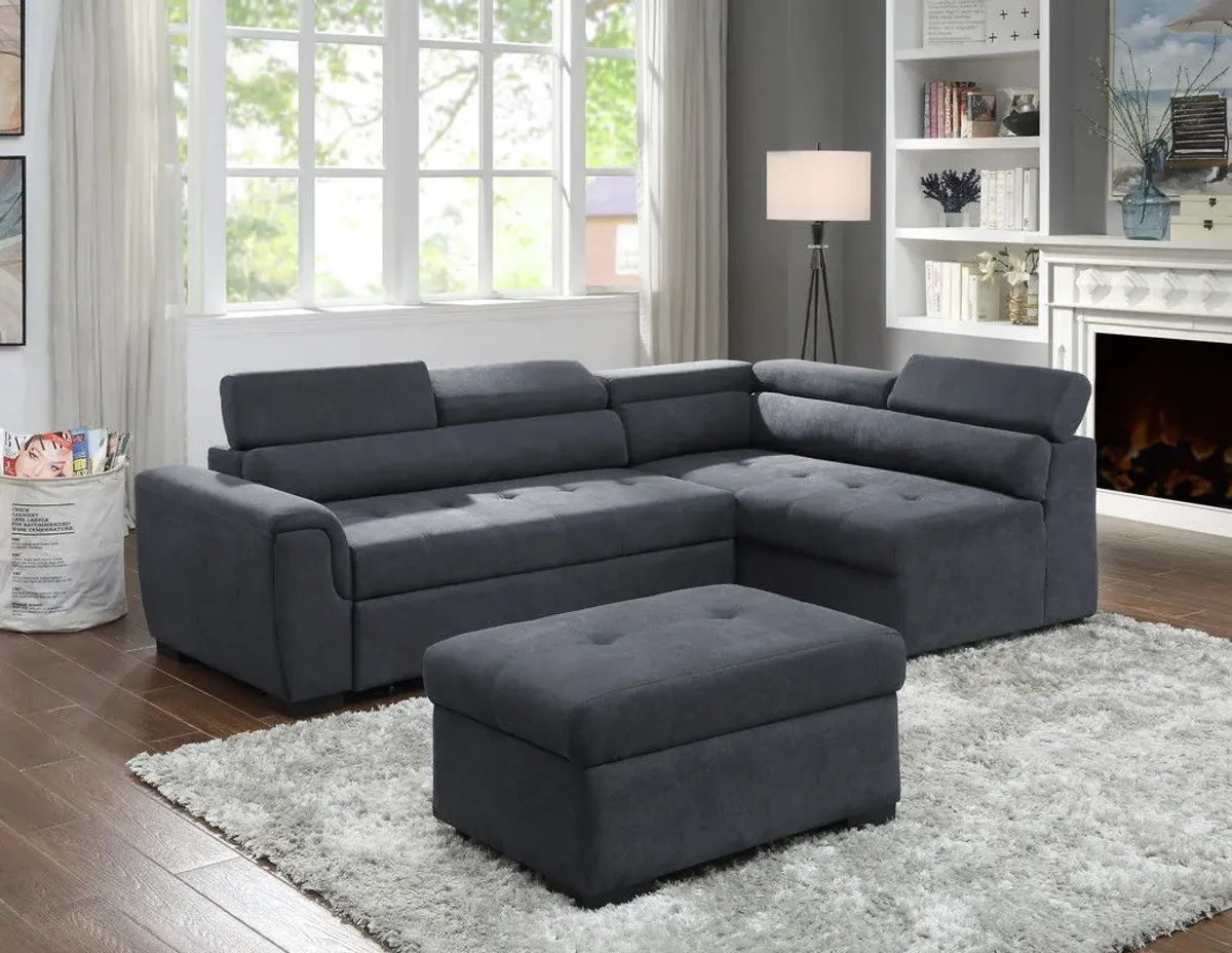 Haris - Fabric Sleeper Sofa Sectional With Adjustable Headrest And Storage Ottoman - Dark Gray