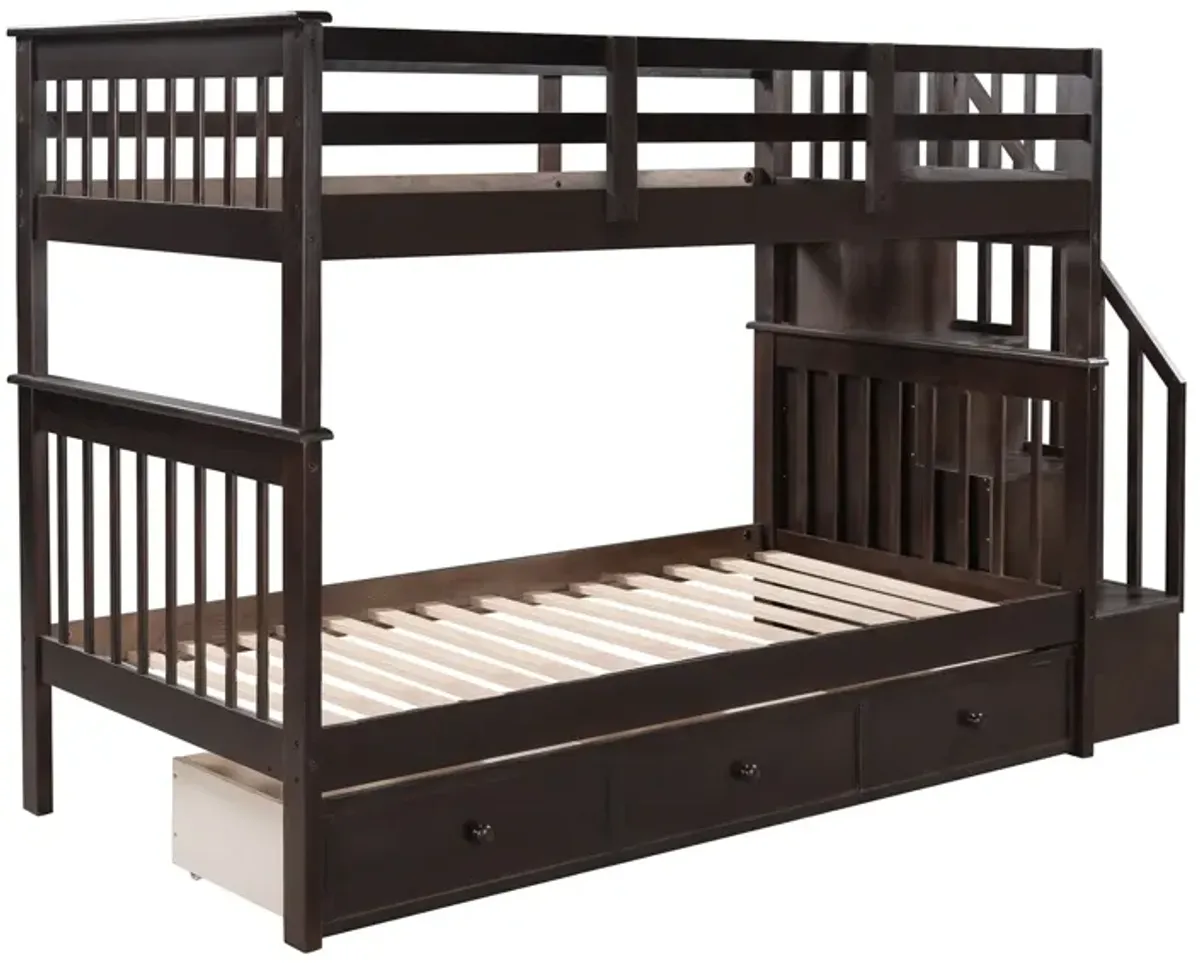 Stairway Twin Over Twin Bunk Bed With Three Drawers For Bedroom, Dorm