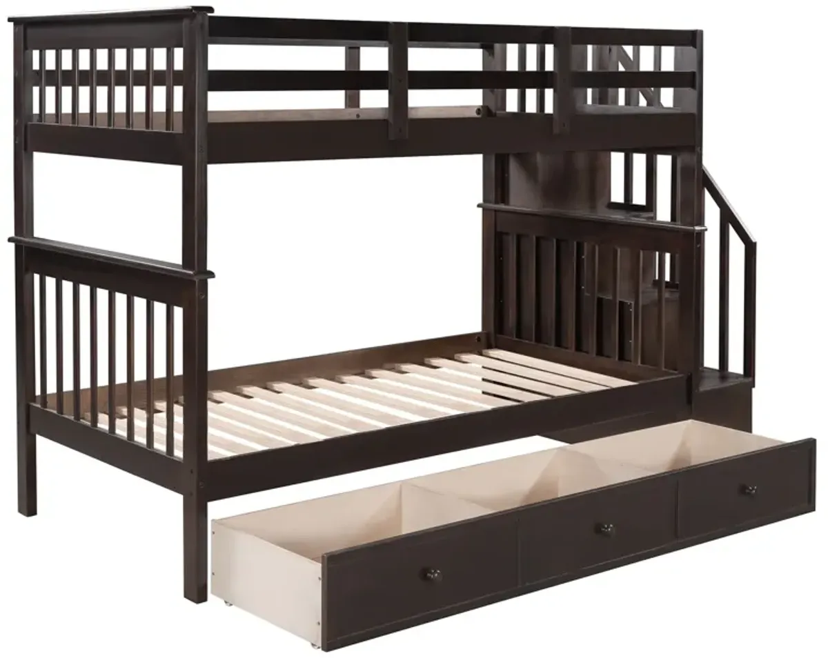 Stairway Twin Over Twin Bunk Bed With Three Drawers For Bedroom, Dorm