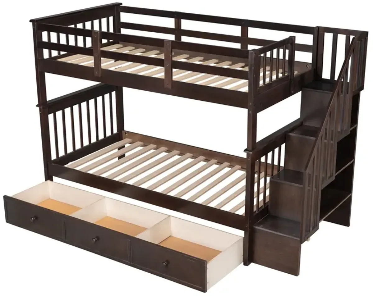 Stairway Twin Over Twin Bunk Bed With Three Drawers For Bedroom, Dorm