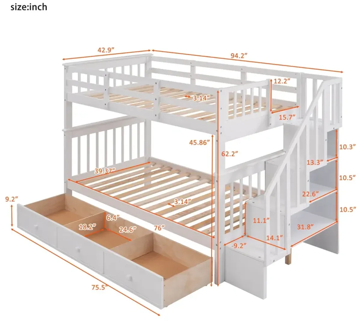 Stairway Twin Over Twin Bunk Bed With Three Drawers For Bedroom, Dorm