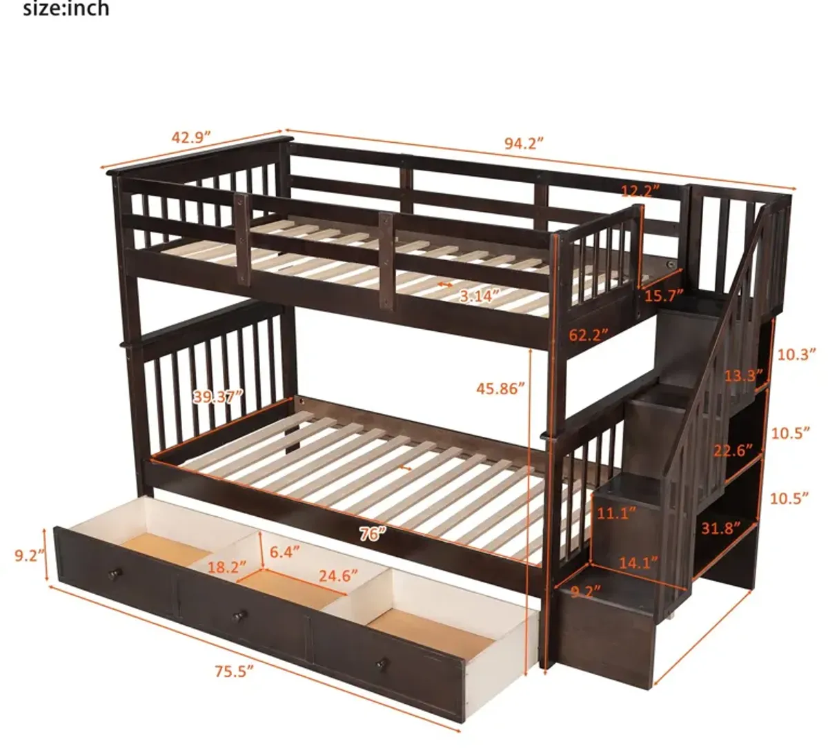 Stairway Twin Over Twin Bunk Bed With Three Drawers For Bedroom, Dorm