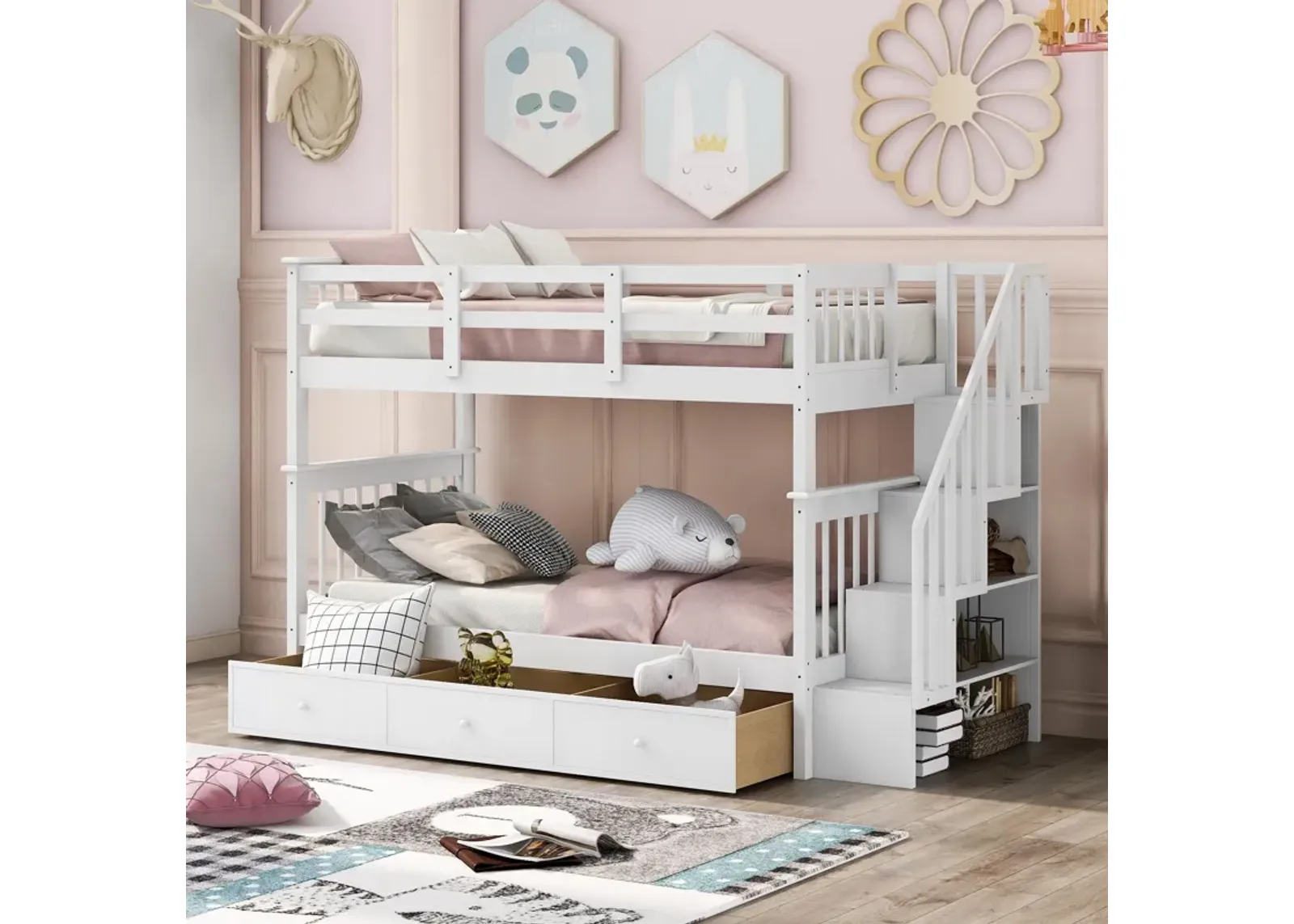 Stairway Twin Over Twin Bunk Bed With Three Drawers For Bedroom, Dorm