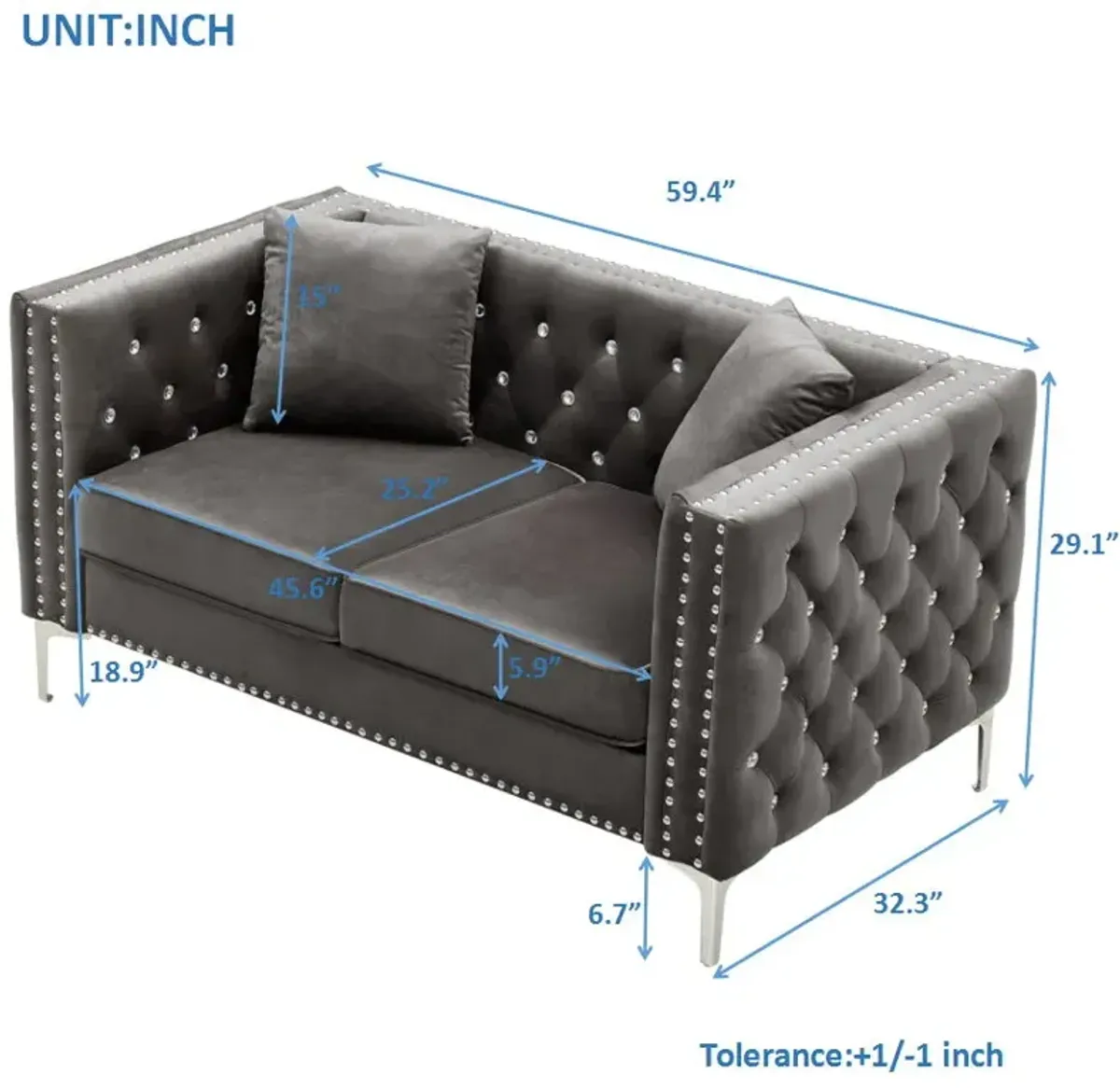 Wide Sofa With Jeweled Buttons Square Arm, 2 Pillows