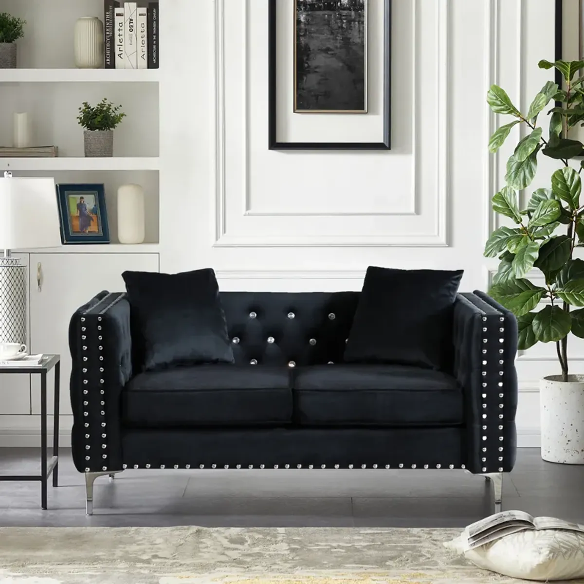 Wide Sofa With Jeweled Buttons Square Arm, 2 Pillows