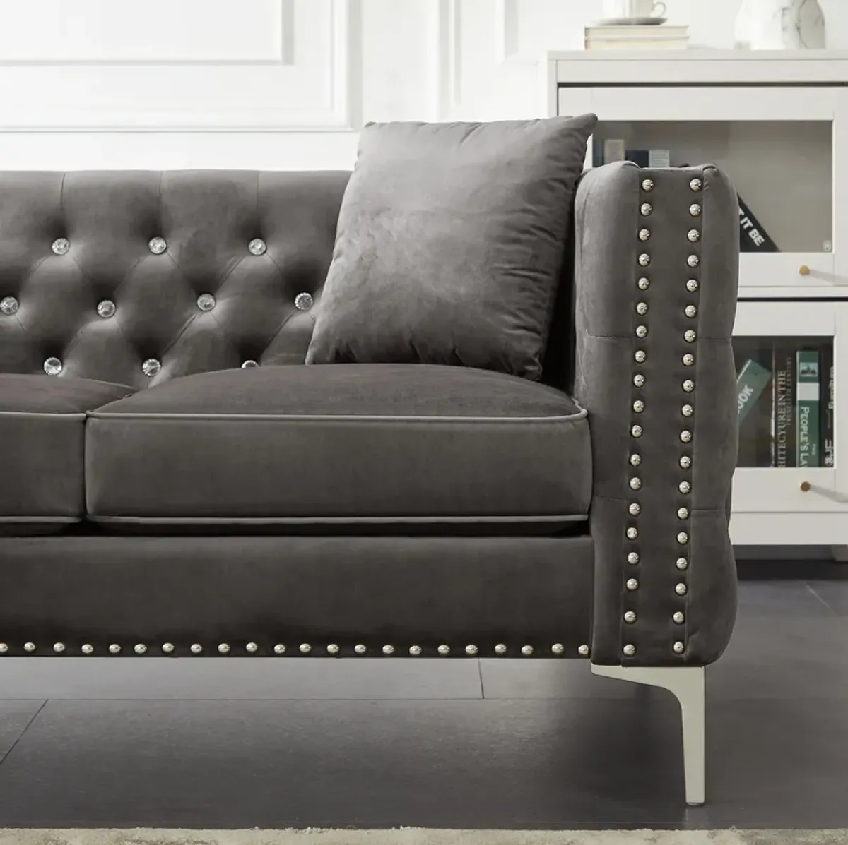 Wide Sofa With Jeweled Buttons Square Arm, 2 Pillows