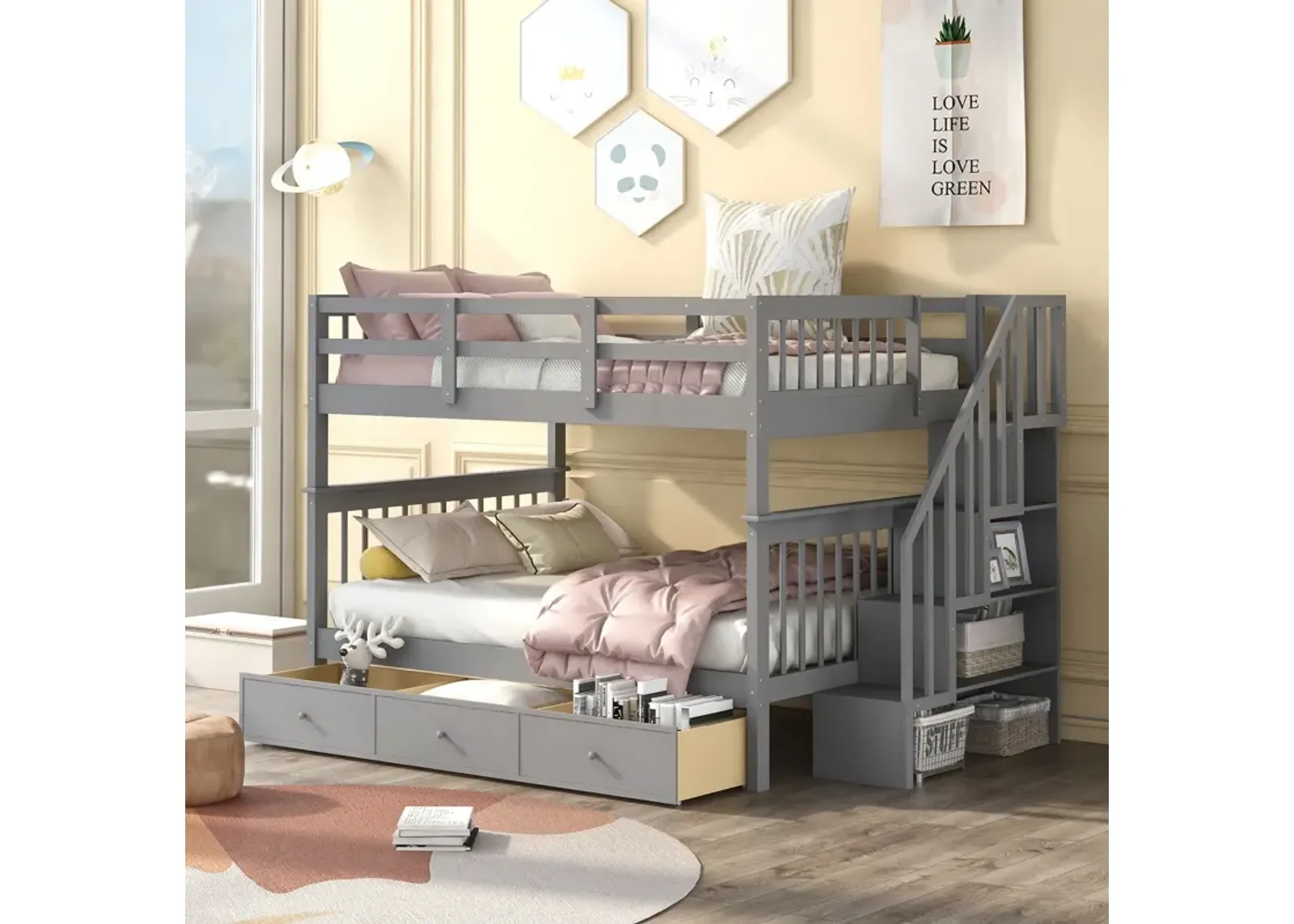 Stairway Bunk Bed With Drawer, Storage And Guard Rail For Bedroom