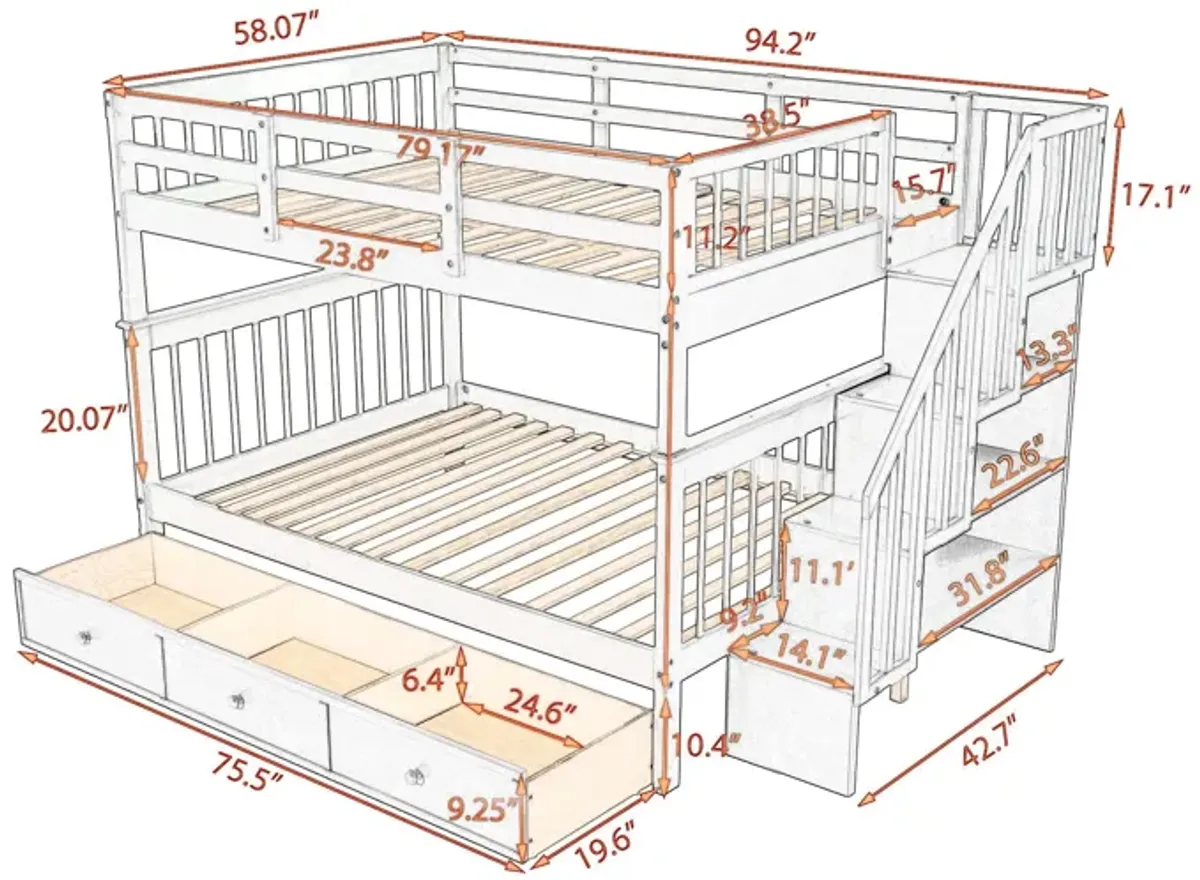 Stairway Bunk Bed With Drawer, Storage And Guard Rail For Bedroom