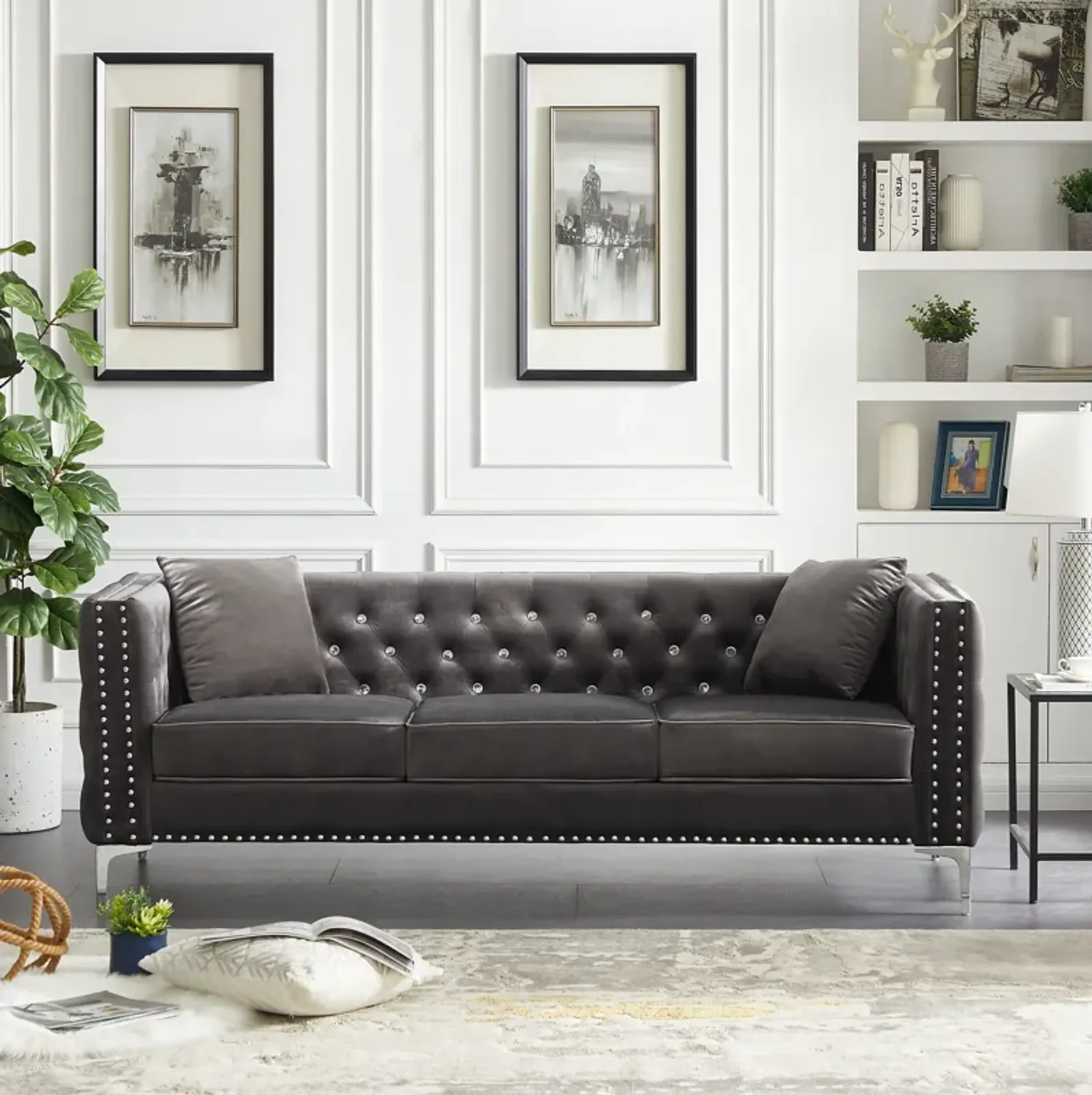 Modern Sofa Jeweled Buttons Tufted Square Arm Couch, 2 Pillows Included