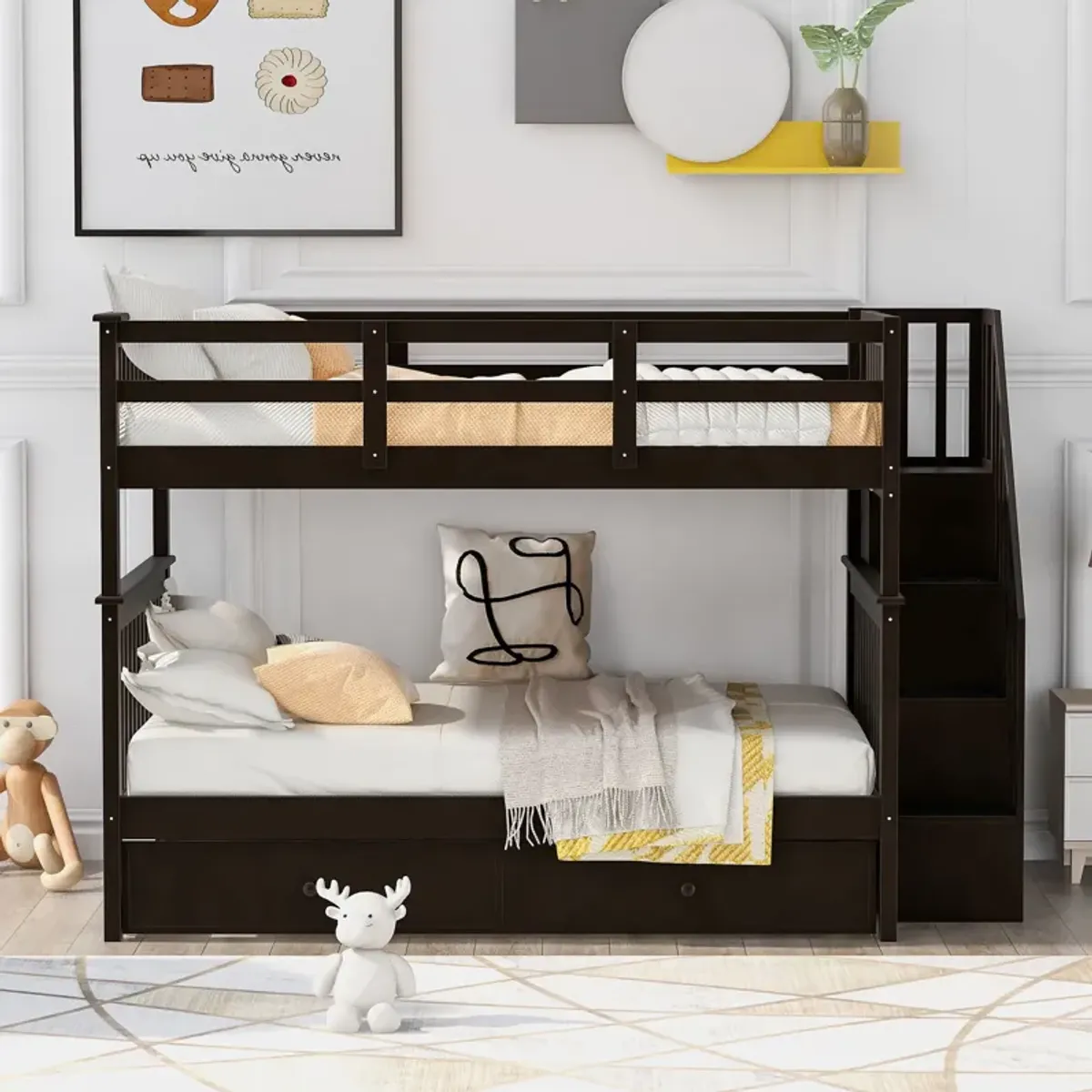 Stairway Bunk Bed With Twin Size Trundle, Storage And Guard Rail For Bedroom, Dorm