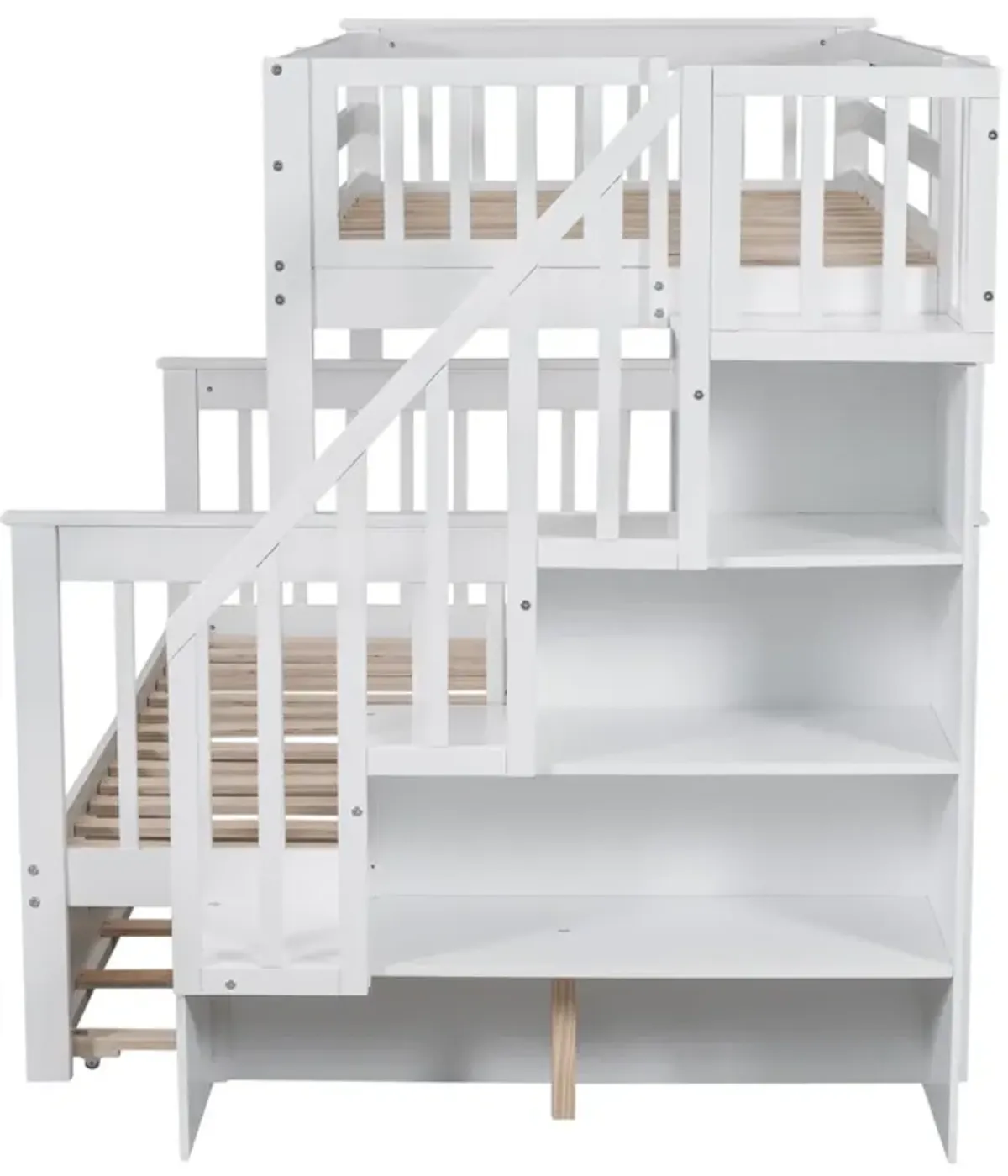 Stairway Bunk Bed With Twin Size Trundle, Storage And Guard Rail For Bedroom, Dorm