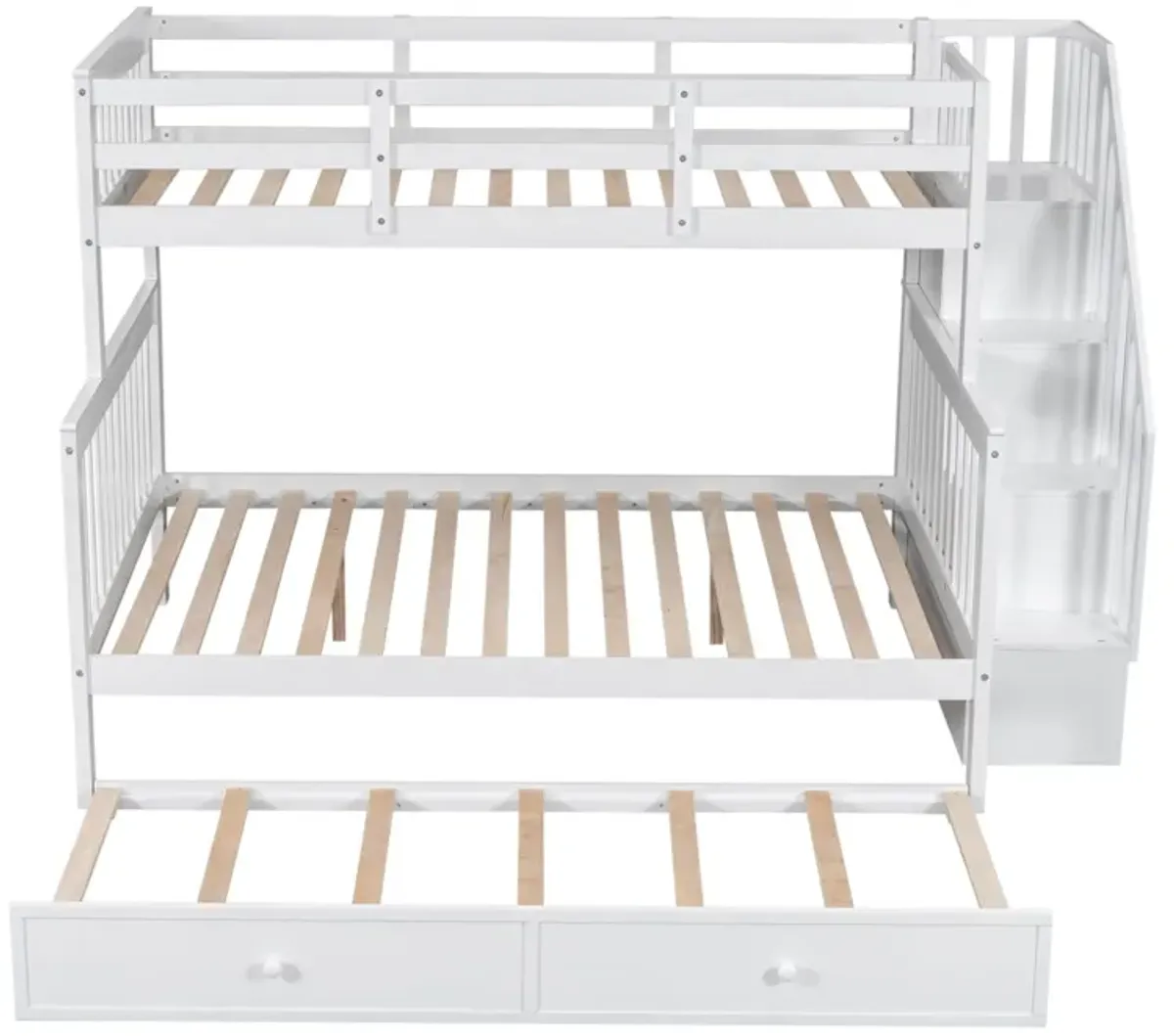 Stairway Bunk Bed With Twin Size Trundle, Storage And Guard Rail For Bedroom, Dorm