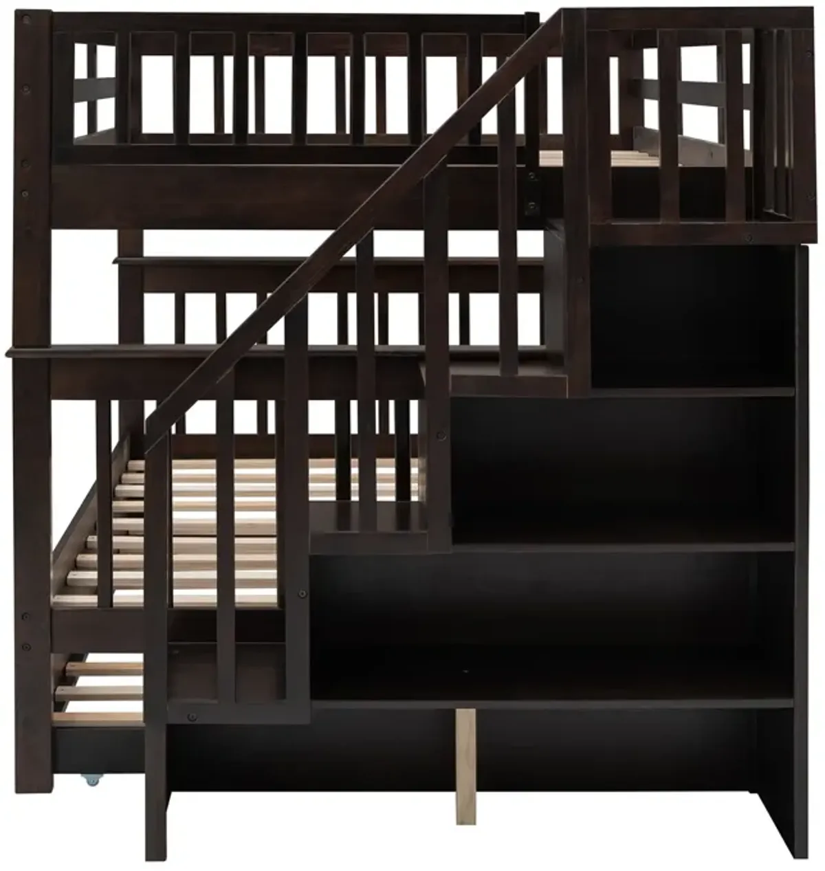 Stairway Bunk Bed With Twin Size Trundle, Storage And Guard Rail For Bedroom, Dorm