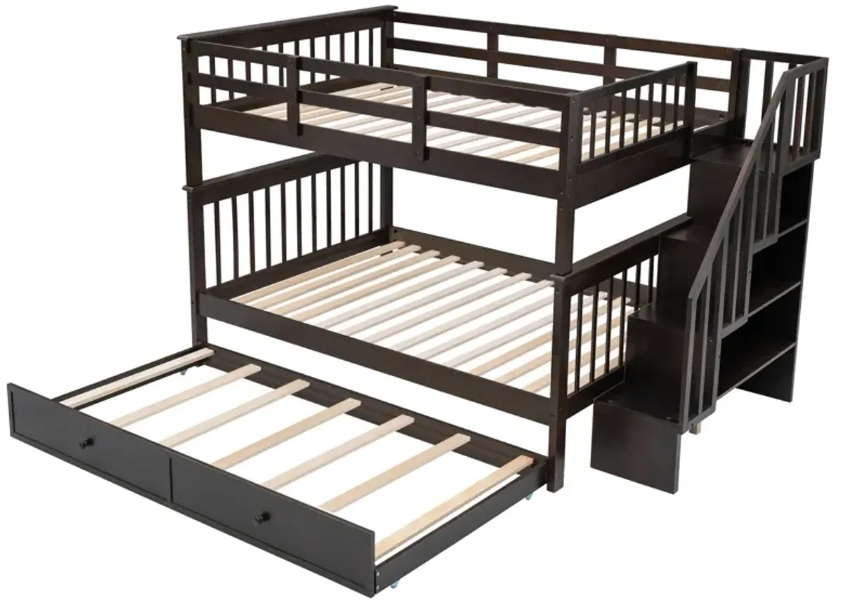 Stairway Bunk Bed With Twin Size Trundle, Storage And Guard Rail For Bedroom, Dorm