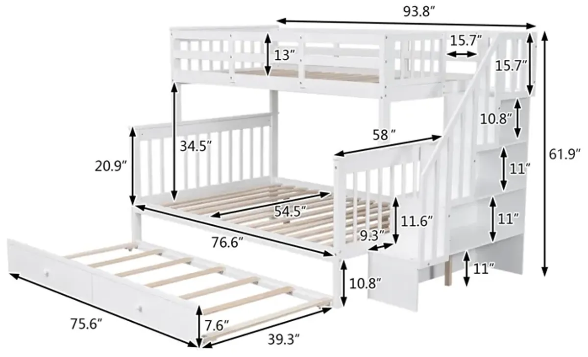 Stairway Bunk Bed With Twin Size Trundle, Storage And Guard Rail For Bedroom, Dorm