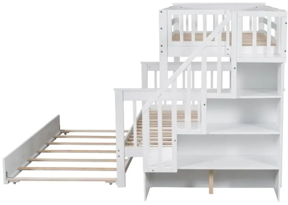 Stairway Bunk Bed With Twin Size Trundle, Storage And Guard Rail For Bedroom, Dorm