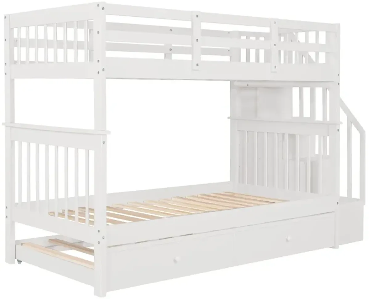 Stairway Bunk Bed With Twin Size Trundle, Storage And Guard Rail For Bedroom, Dorm