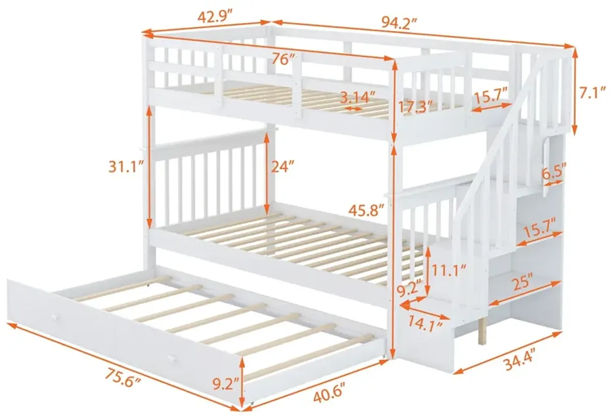 Stairway Bunk Bed With Twin Size Trundle, Storage And Guard Rail For Bedroom, Dorm