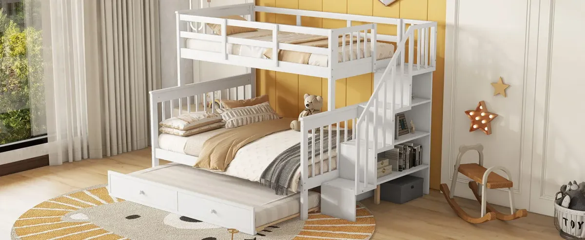 Stairway Bunk Bed With Twin Size Trundle, Storage And Guard Rail For Bedroom, Dorm