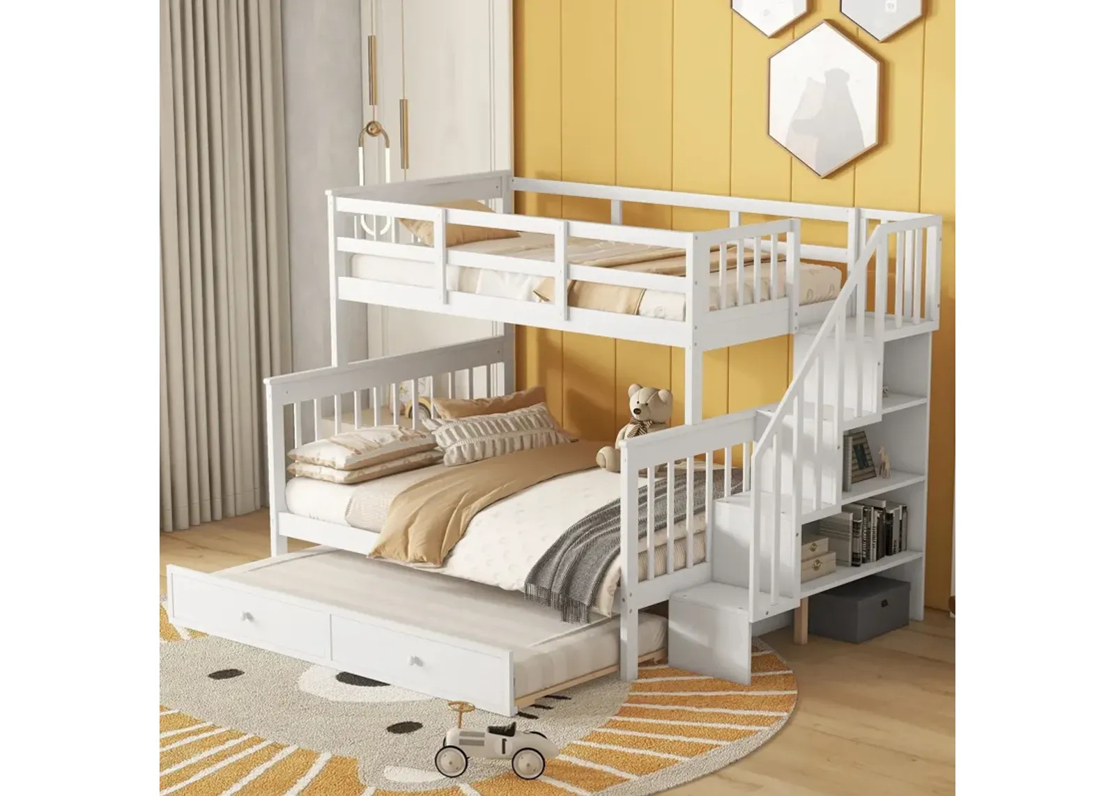 Stairway Bunk Bed With Twin Size Trundle, Storage And Guard Rail For Bedroom, Dorm