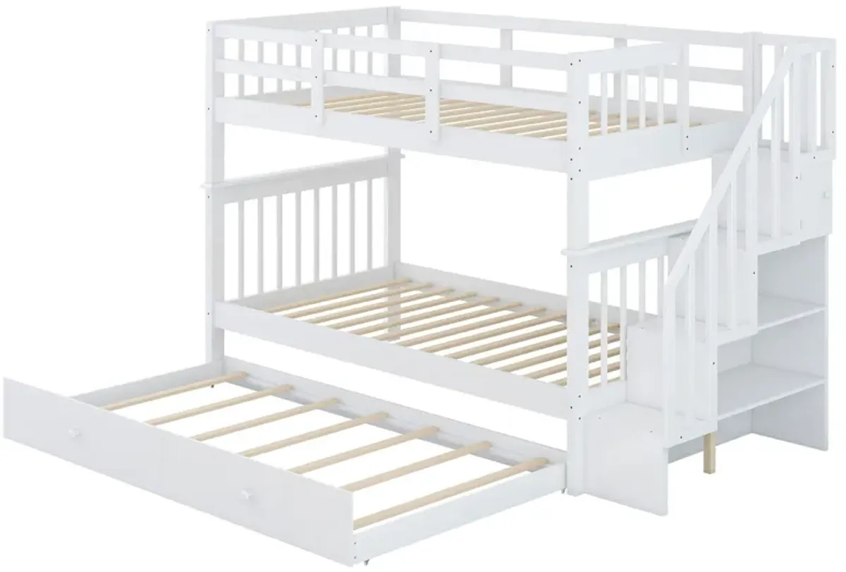 Stairway Bunk Bed With Twin Size Trundle, Storage And Guard Rail For Bedroom, Dorm