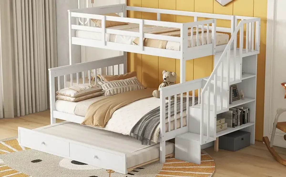 Stairway Bunk Bed With Twin Size Trundle, Storage And Guard Rail For Bedroom, Dorm