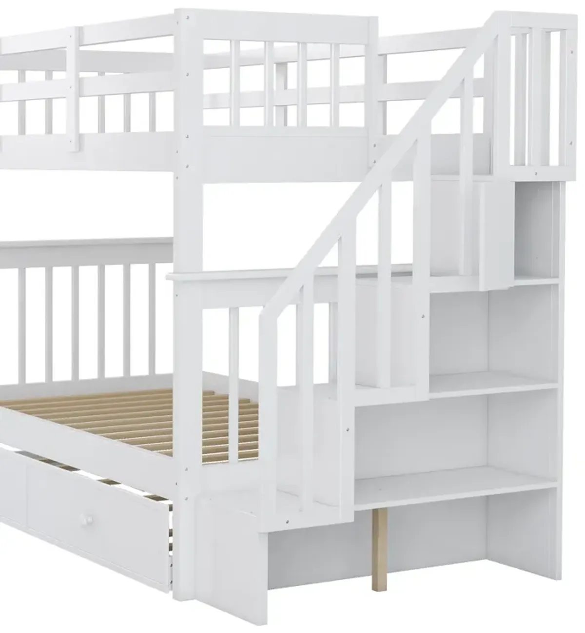 Stairway Bunk Bed With Twin Size Trundle, Storage And Guard Rail For Bedroom, Dorm