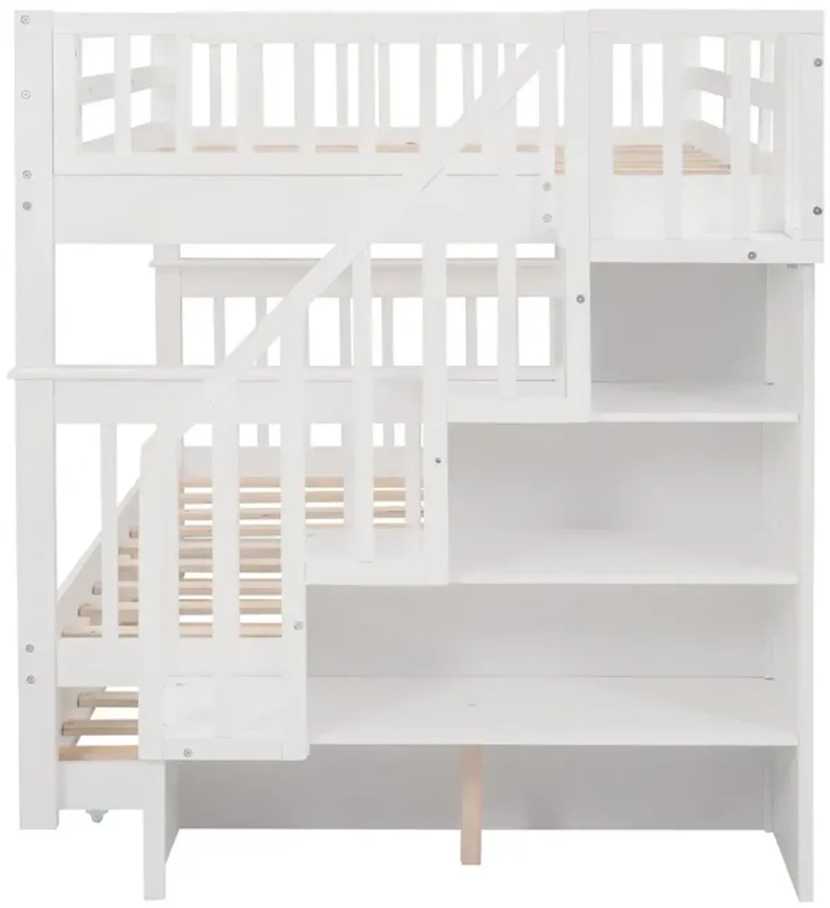 Stairway Bunk Bed With Twin Size Trundle, Storage And Guard Rail For Bedroom, Dorm