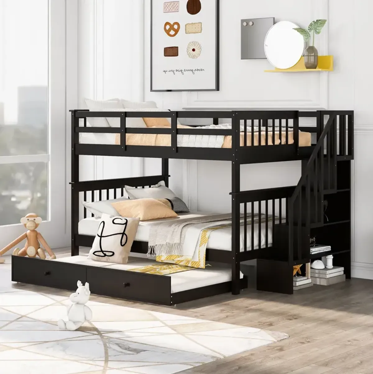 Stairway Bunk Bed With Twin Size Trundle, Storage And Guard Rail For Bedroom, Dorm