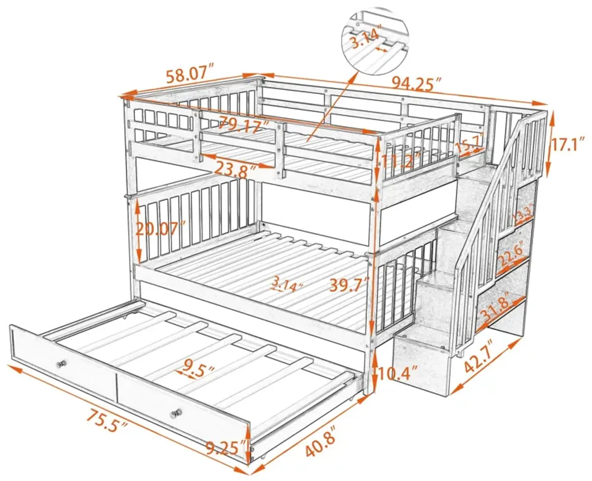 Stairway Bunk Bed With Twin Size Trundle, Storage And Guard Rail For Bedroom, Dorm