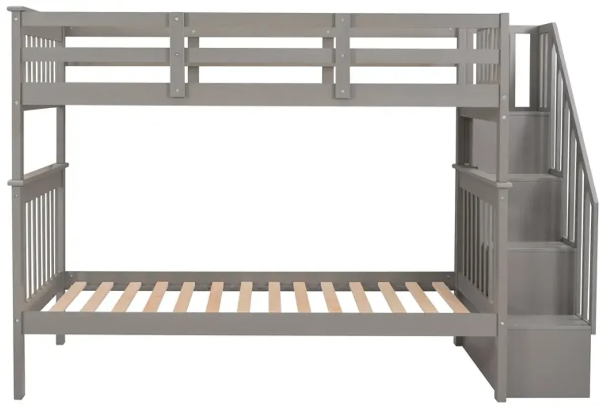 Stairway Bunk Bed With Storage And Guard Rail For Bedroom, Dorm