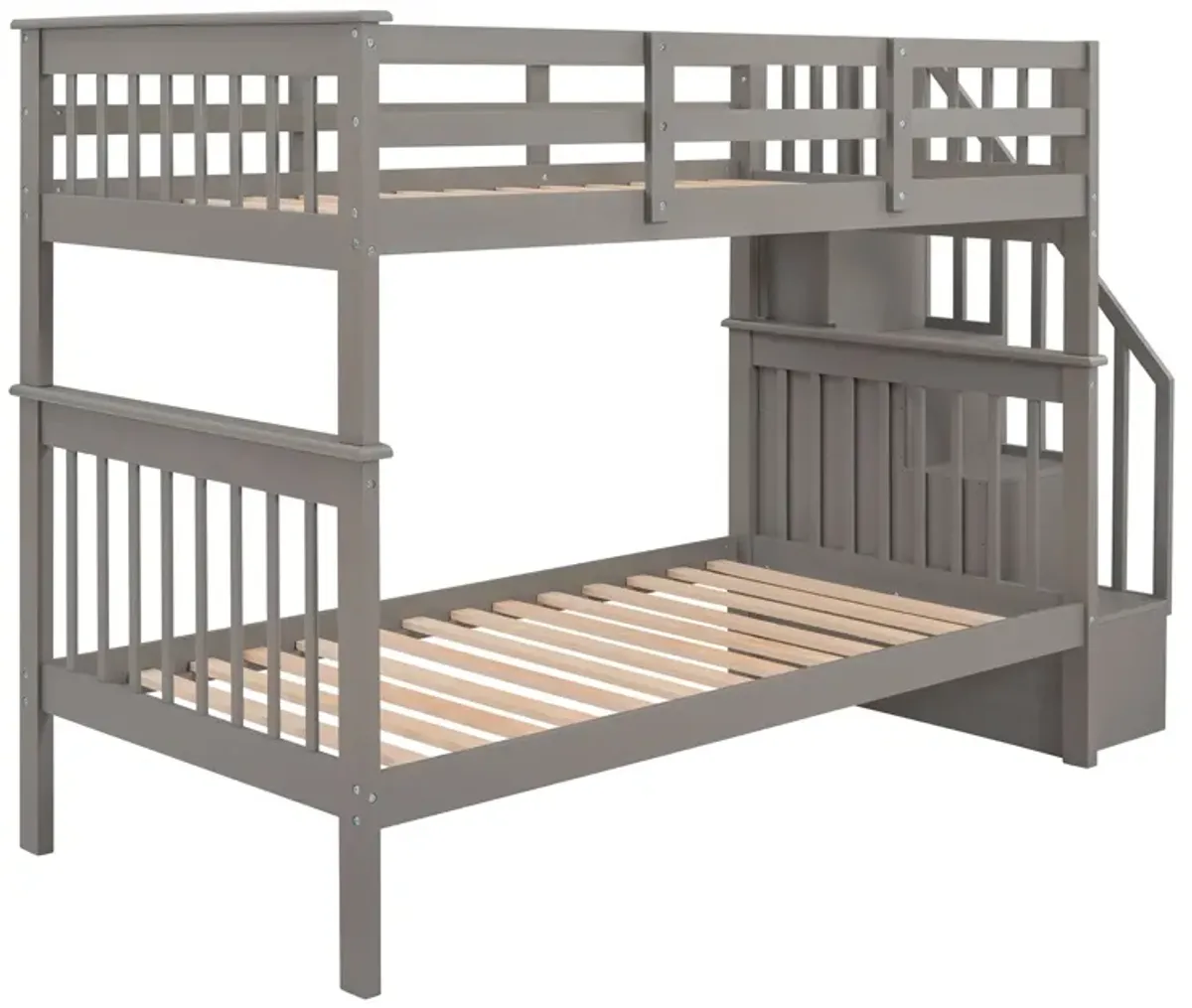 Stairway Bunk Bed With Storage And Guard Rail For Bedroom, Dorm