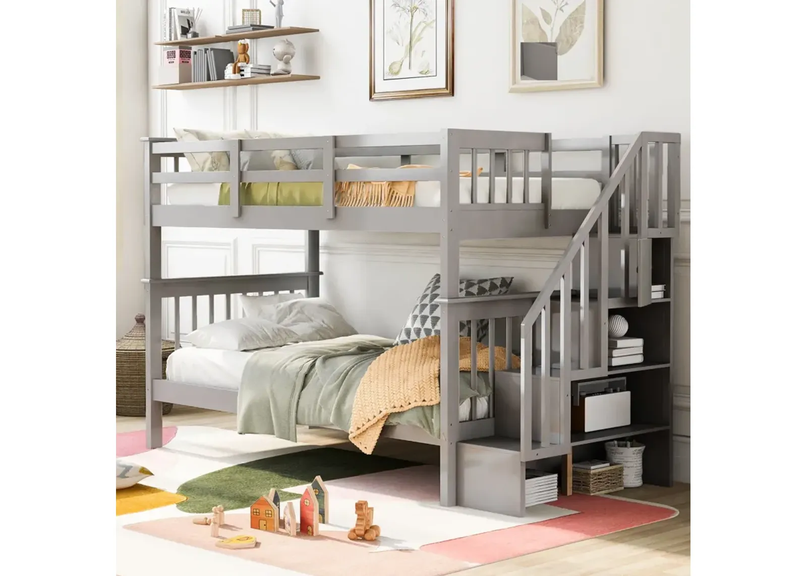 Stairway Bunk Bed With Storage And Guard Rail For Bedroom, Dorm