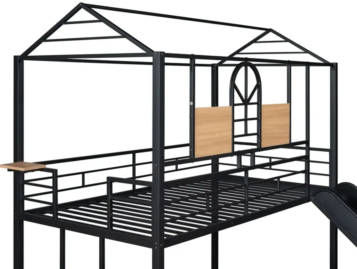 Twin Over Twin Metal Bunk Bed, Metal Housebed With Slide, Three Colors Available