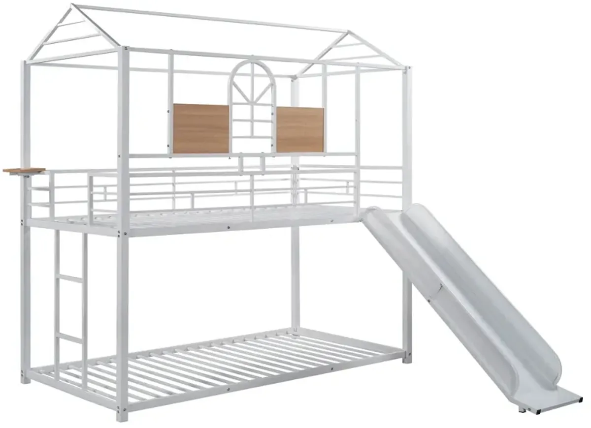 Twin Over Twin Metal Bunk Bed, Metal Housebed With Slide, Three Colors Available