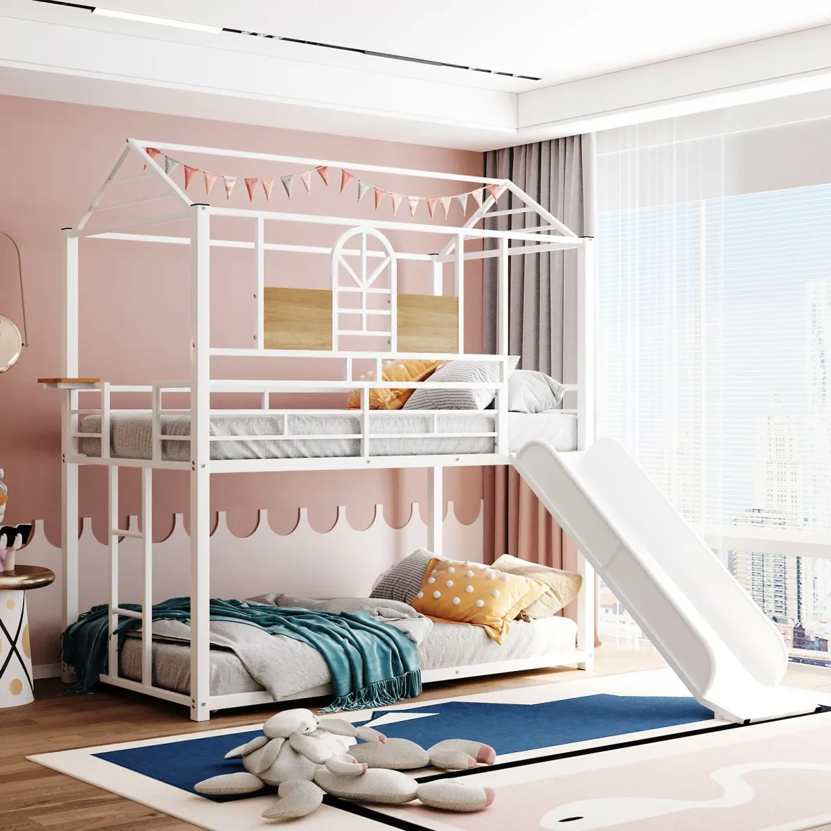 Twin Over Twin Metal Bunk Bed, Metal Housebed With Slide, Three Colors Available