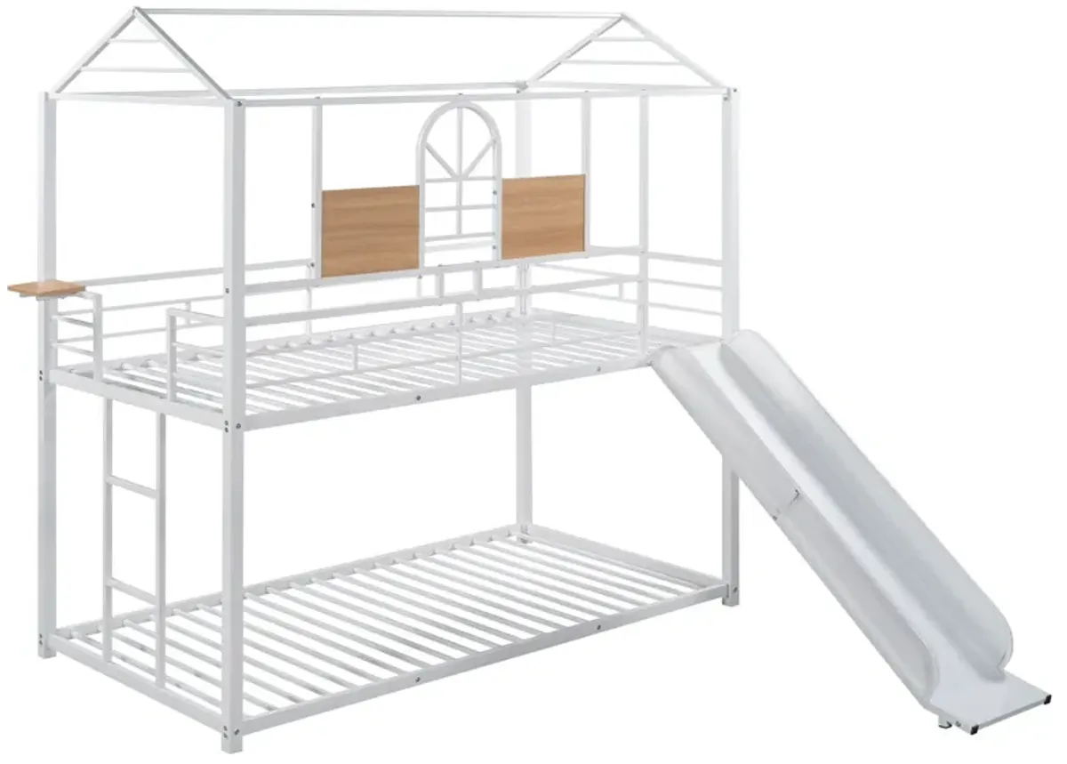 Twin Over Twin Metal Bunk Bed, Metal Housebed With Slide, Three Colors Available